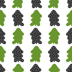 Seamless pattern with silhouettes of Christmas trees and round snowflakes. Template for New Year's cards, invitations, flyers, wrapping paper.