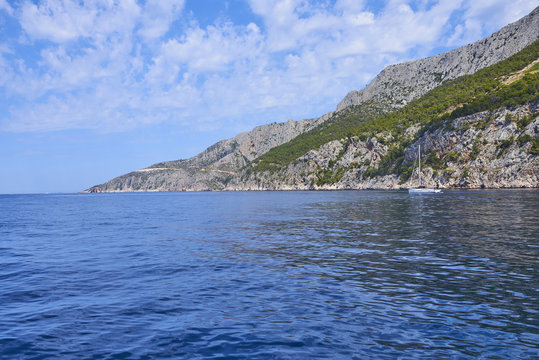 Sailing yacht pictured on the coastal waters of the Adriatic sea and the Island of Hvar