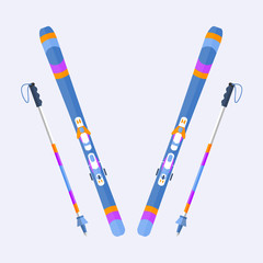 Pairs of skis and sticks, poles, flat style vector illustration isolated on background. Flat vector ski and ski poles, colorful illustration