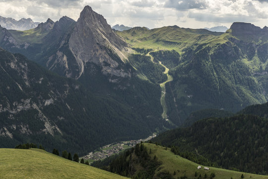 Beautiful mountain view with Canazei town down below. Doomity. Italy.