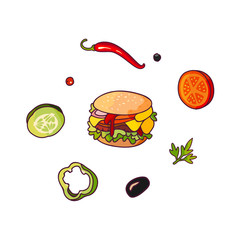 Vector flying ingredients, burger set flat isolated illustration on a white background. Vegetables for pizza, sandwich, roll shawarma fastfood preparation. Chilli, tomato pepper olive cucumber cartoon