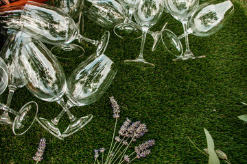 Elegant table arrangement and catering at wedding reception, stylish bouquet centerpiece