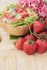 Strawberry salad ingredients, lettuce, chia seeds, barley