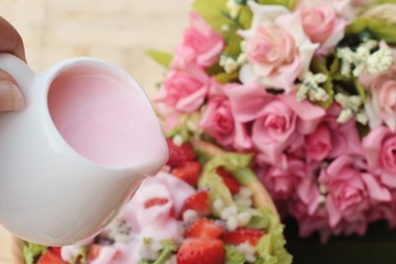 Strawberry salad ingredients, lettuce, chia seeds, barley