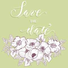 Wedding invitation and announcement card with floral elements and Save the Date text. Elegant ornate border with handwritten text. Save the date. Design template.