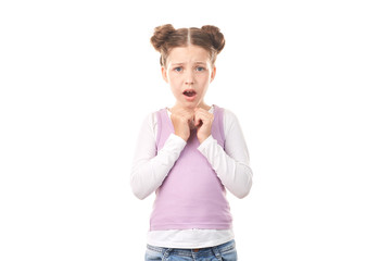 Portrait of beautiful little girl with hair buns against white background