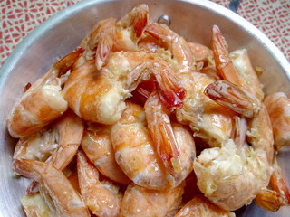 Butter baked prawns in a pan