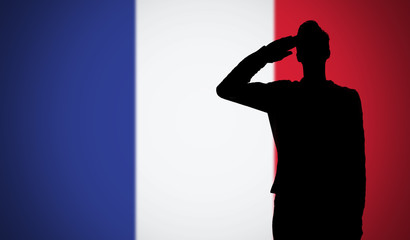 Silhouette of a soldier saluting against the france flag