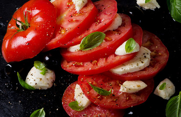 Tomatoes and mozzarella with basil.