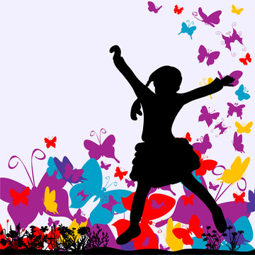 silhouette of a little girl jumping in the background with butterflies