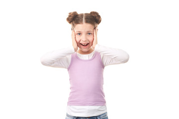 Portrait of beautiful little girl with hair buns against white background