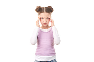 Portrait of beautiful little girl with hair buns against white background