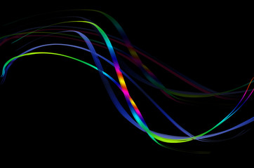 Wavy rainbow colored intersecting thin stripes on a black background



