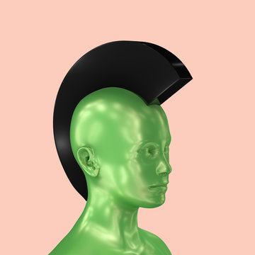 3d illustration of smooth silky green head with black stylized punk Iroquois on pale pink background. For album, book, journal cover or splashscreen