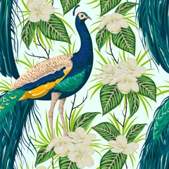 Fototapete Pfau Nahtloses Muster mit Pfau, Blumen und Blättern. Vintage handgezeichnete Vektor-Illustration im Aquarell-Stil