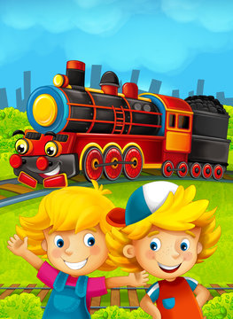 Cartoon train scene with happy kids having fun on the railway- illustration for children © honeyflavour