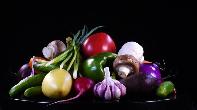 Amazing Set Of Vegetables Close Up, Rotating Contra Clockwise On Black Background. Vibrant Natural Texture In 4k, 3840x2160, Clip. Eco Product For Healthy Food.
