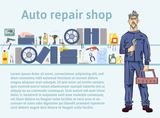 Auto repair shop. Mechanic man holding a wrench. Vector illustration with copy space, template for advertising flyer brochure or web site.