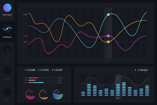 Dashboard infographic template with modern design annual statistics graphs. Pie charts, workflow, web design, UI elements. Vector EPS 10