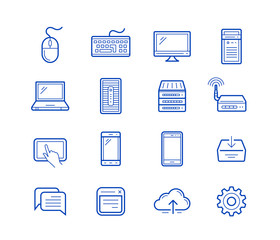 Computer and mobile devices. Vector linear icons. Illustration.