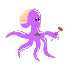 Funny cartoon octopus judge with gavel colorful character vector Illustration