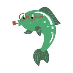 Funny cartoon green fish in glasses smoking pipe colorful character vector Illustration