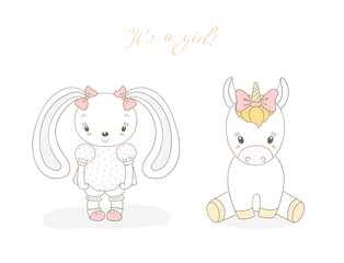 Hand drawn vector illustration of cute animal baby girl: smiling rabbit and unicorn with ribbons, text It s a girl.