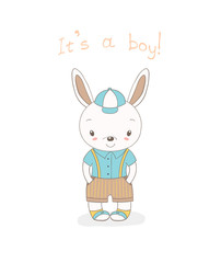 Obraz na płótnie Canvas Hand drawn vector illustration of a little smiling bunny boy in baseball cap, shorts with suspenders and sports shoes, text It s a boy.