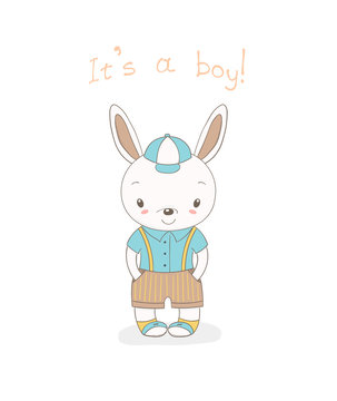 Hand drawn vector illustration of a little smiling bunny boy in baseball cap, shorts with suspenders and sports shoes, text It s a boy.