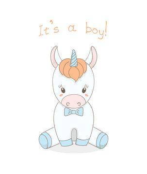 Hand drawn vector illustration of a cute little baby unicorn boy with a blue bow tie, text It s a boy.