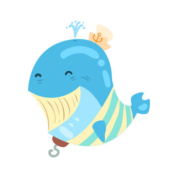Funny cartoon smiling whale pirate colorful character vector Illustration