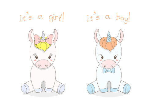 Hand drawn vector illustration of a cute little baby unicorns boy with a bow tie and girl with a ribbon, text It s a boy, It s a girl.