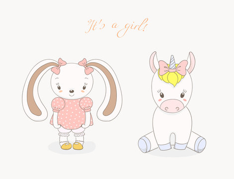 Hand drawn vector illustration of cute animal baby girls: smiling rabbit and unicorn with ribbons, text It s a girl. © Maria Skrigan