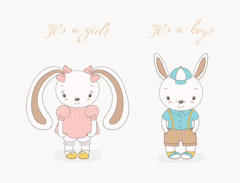 Hand drawn vector illustration of little smiling bunny boy in shorts with suspenders and girl with ribbons, text It s a boy, It s a girl.