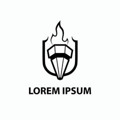Black torch with flames on the heraldic shield background. Logo template for sports competitions, education organizations.