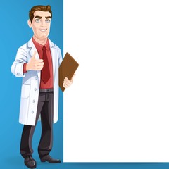 Cute male doctor in medical coat shows gesture thumbs up stand near big vertical banner on blue background