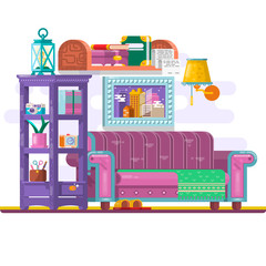 Home furniture. Interior design. Set of elements ,bookcase, sofa, clock, lamp, flowers, pictures. Decorating zone of rest. Vector illustrations