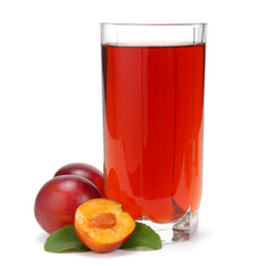 fresh plum fruit with juice isolated on white background