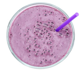 Healthy blackberries yogurt with fresh berries isolated on white background. Top view.