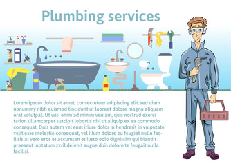 Plumbing services. Plumber man holding a wrench. Vector illustration with copy space, template for advertising flyer brochure or website.