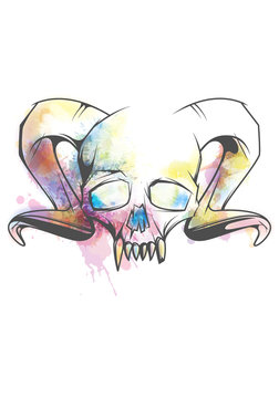 Human skull with horns and sharp teeth decorated with bright watercolor splashes