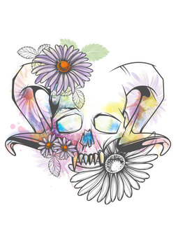 Human skull with horns and sharp teeth decorated with bright watercolor splashes and flowers