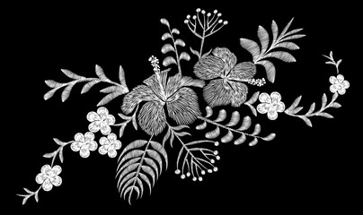 Tropical embroidery flower arrangement. Exotic plant blossom summer jungle. Fashion print textile patch. Hawaii hibiscus plumeria vector illustration © LuckyStep
