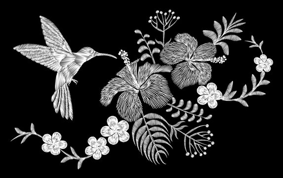 Hummingbird tropical embroidery flower arrangement. Exotic palm plant blossom summer jungle. Fashion print textile patch. Hawaii hibiscus plumeria vector illustration