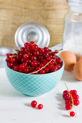 Red currants in the jar. Gray background.
