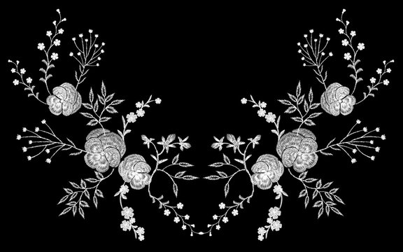Embroidery white lace pancies floral reflection small branches wild herb with little blue violet field flower traditional folk fashion patch design neckline black background vector illustration