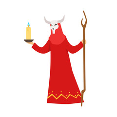 Female shaman in a red dress and horned mask performing authentic ritual vector Illustration