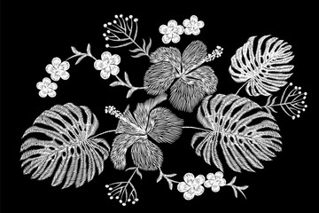 Tropical embroidery flower arrangement. Exotic plant blossom summer jungle. Fashion print textile patch. Hawaii hibiscus plumeria monstera vector illustration © LuckyStep