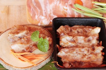 Pork bacon grilled on pan and fresh pork