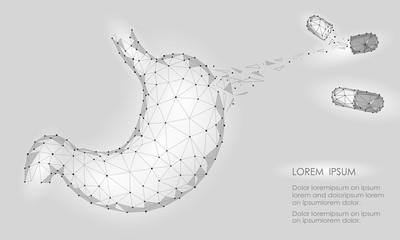 Human healthy medicine drug treatment stomach. Internal digestion organ. Low poly connected dots gray white triangle future technology design background vector medicine illustration